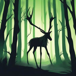 A bizarre forest creature with elongated limbs and antlers stalks through a dark forest