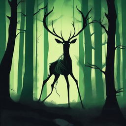 A bizarre forest creature with elongated limbs and antlers stalks through a dark forest