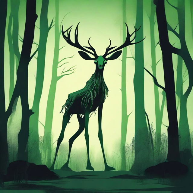 A bizarre forest creature with elongated limbs and antlers stalks through a dark forest