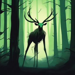 A bizarre forest creature with elongated limbs and antlers stalks through a dark forest