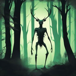 A bizarre humanoid forest creature with elongated limbs and antlers stalks through a dark forest