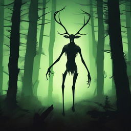 A bizarre humanoid forest creature with elongated limbs and antlers stalks through a dark forest