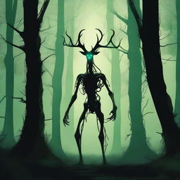 A bizarre humanoid forest creature with elongated limbs and antlers stalks through a dark forest