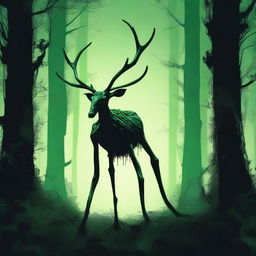 A bizarre humanoid forest creature with elongated limbs and antlers stalks through a dark forest