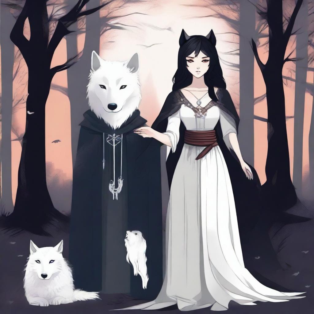 Create an image featuring a white she-wolf, a sorceress, a vampire, and a black-haired girl in the center