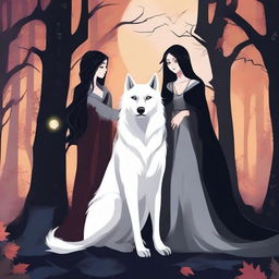 Create an image featuring a white she-wolf, a sorceress, a vampire, and a black-haired girl in the center