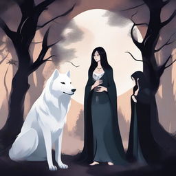 Create an image featuring a white she-wolf, a sorceress, a vampire, and a black-haired girl in the center