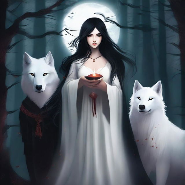 Create an image featuring a white she-wolf, a sorceress, a vampire, and a black-haired girl in the center