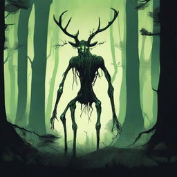 A bizarre humanoid forest creature with elongated limbs and antlers stalks through a dark forest