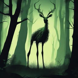 A bizarre humanoid forest creature with elongated limbs and antlers stalks through a dark forest