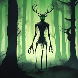 A bizarre humanoid forest creature with elongated limbs and antlers stalks through a dark forest