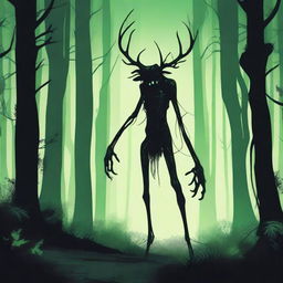 A bizarre humanoid forest creature with elongated limbs and antlers stalks through a dark forest