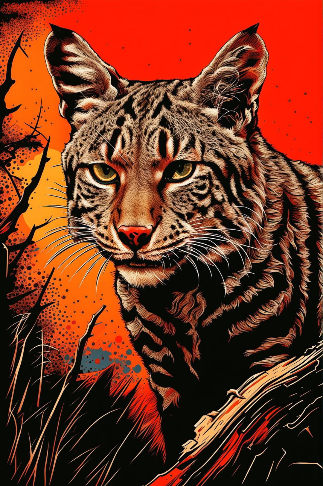 A new and unique screen print style image of a bobcat, different from the previous artwork.