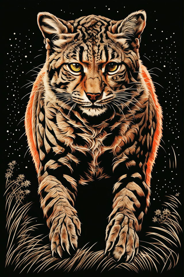 A distinct screen print style image of a bobcat, capturing its full body, different from the previous artworks.