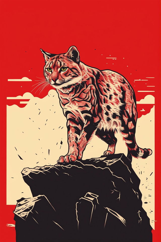 A new and unique screen print style image of a bobcat perched on a rock, different from the previous artworks.