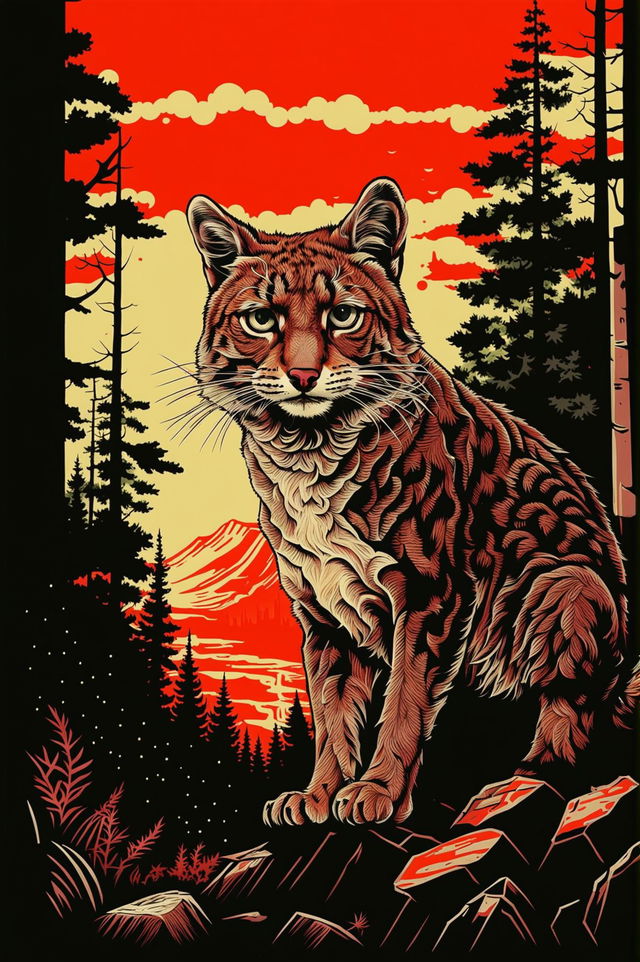 A distinct screen print style image of a bobcat in a forest setting, different from the previous artworks.