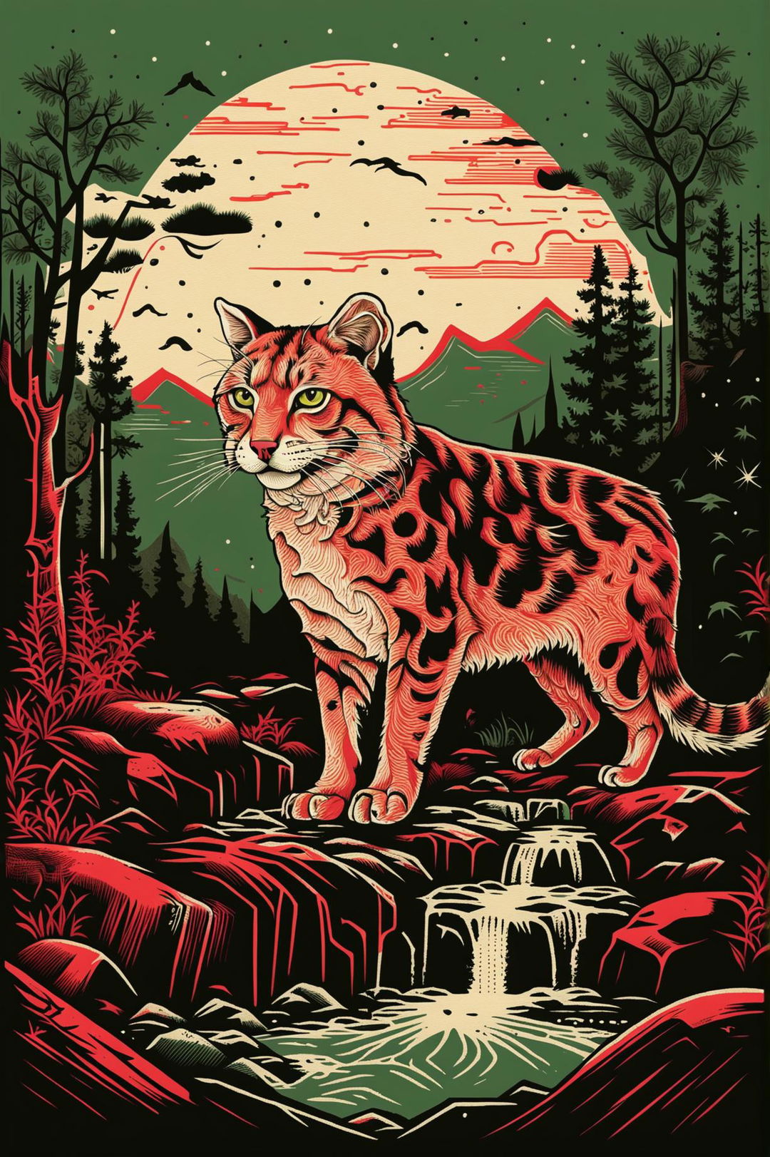 A new and distinct screen print style image of a bobcat by a stream, different from the previous artworks.