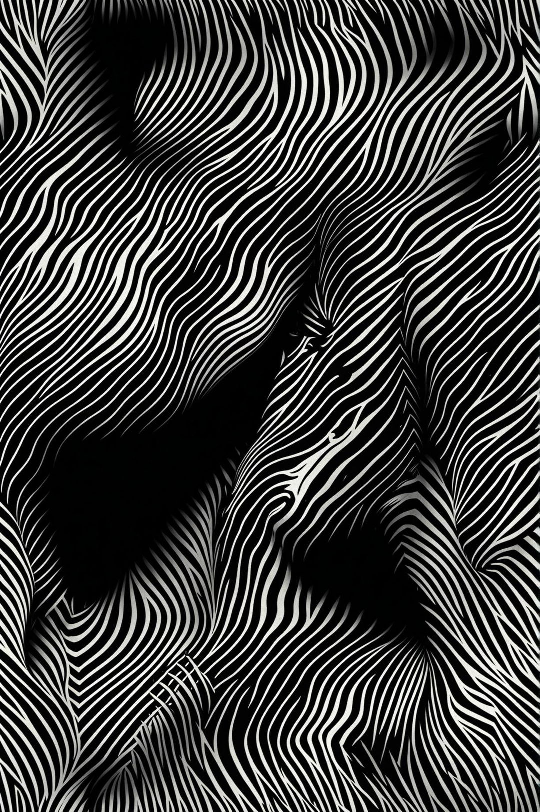 Generate an image of a 3D zebra pattern wallpaper with black and white stripes that appear to have depth and texture.