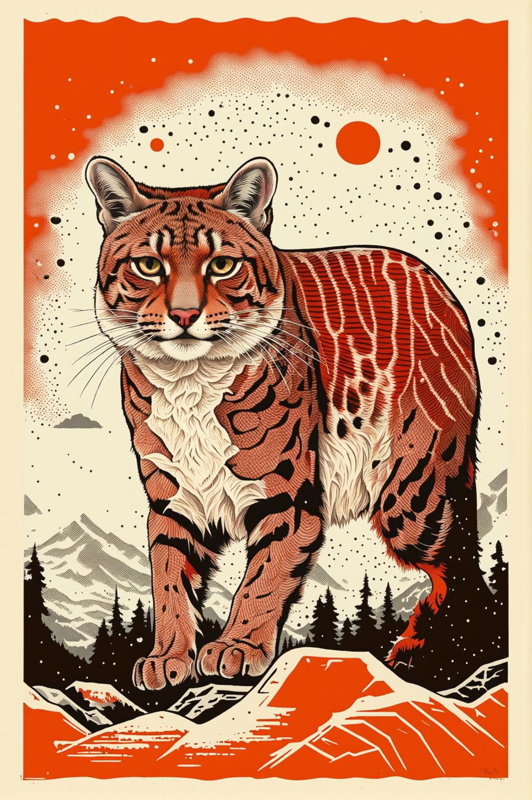 A unique and different screen print style image of a bobcat in a snowy environment, distinct from the previous artworks.