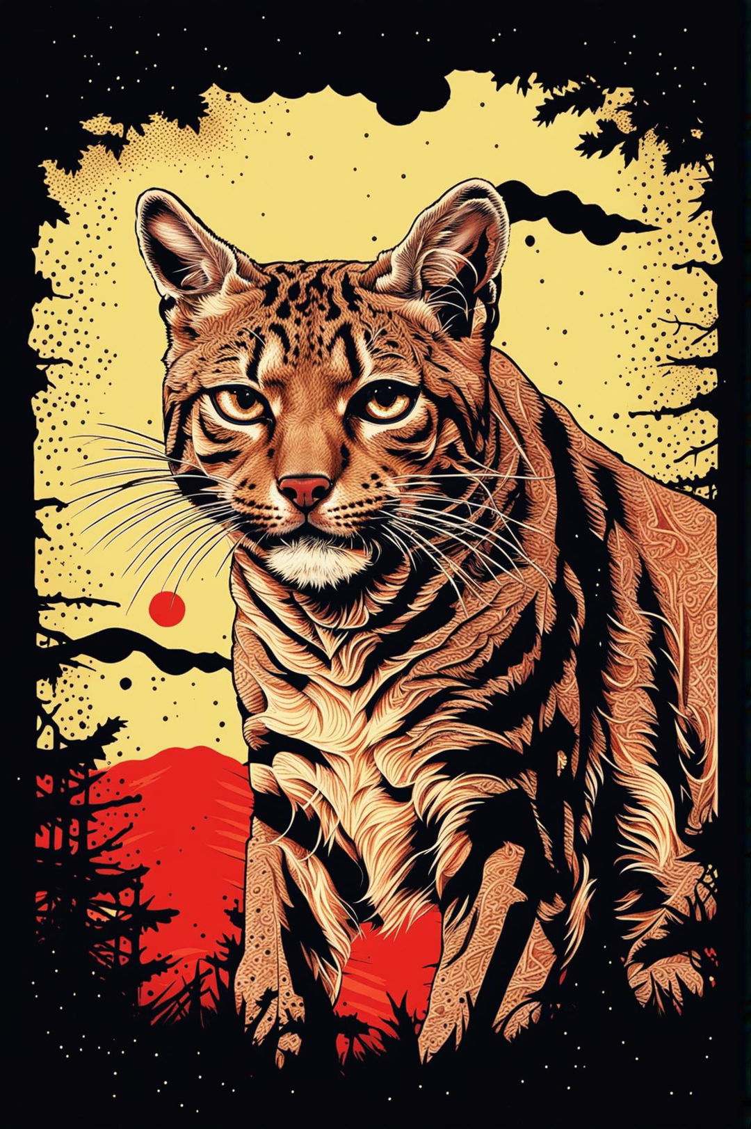 A new and unique screen print style image of a bobcat, different from the previous artworks.