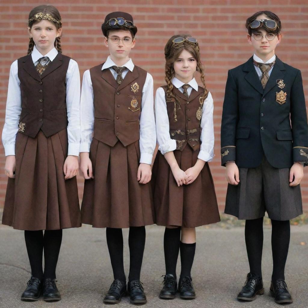 Steampunk school uniforms featuring Victorian-era inspired designs, with intricate details like gears, goggles, and brass elements embedded in classic school attire.