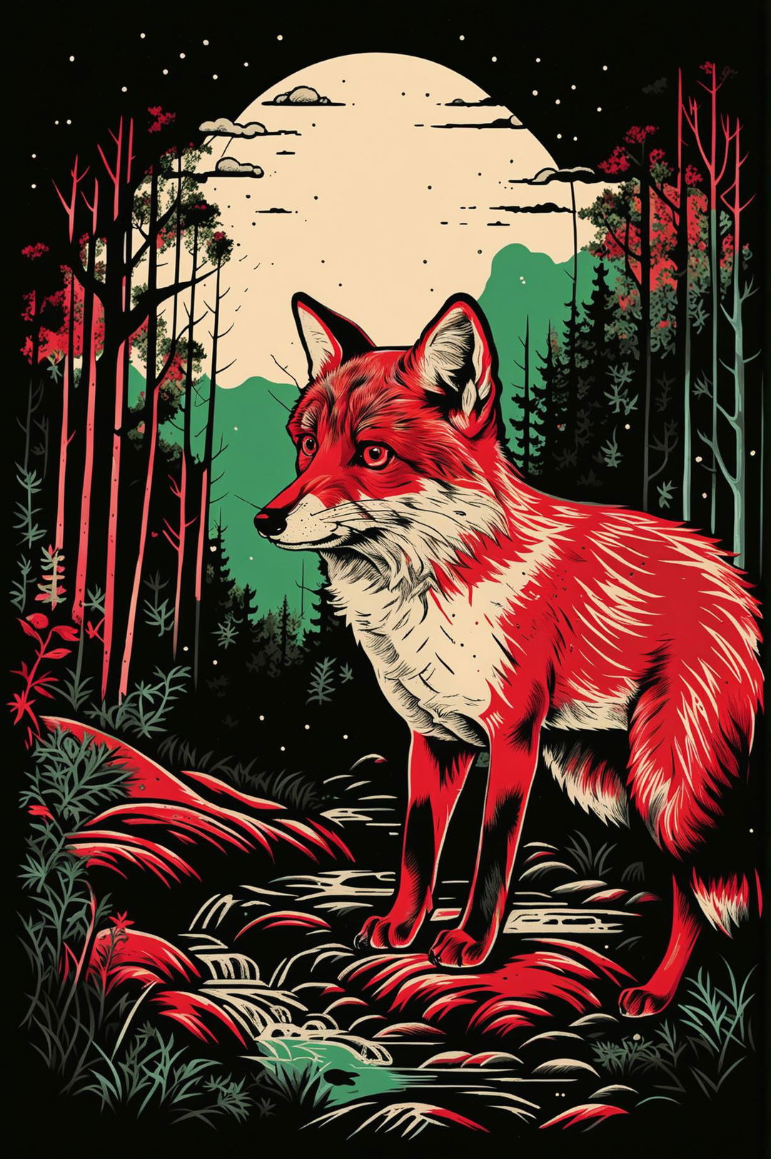 A vibrant screen print artwork featuring a fox in a forest setting