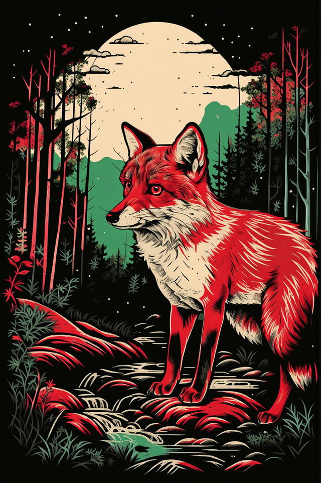 A vibrant screen print artwork featuring a fox in a forest setting