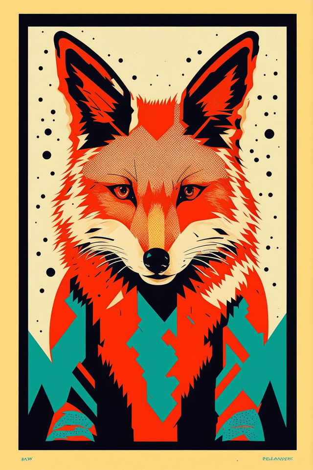 An abstract screen print artwork of a fox, composed of geometric shapes, with a simple or patterned background and a bold, contrasting color scheme