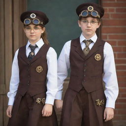 Steampunk school uniforms featuring Victorian-era inspired designs, with intricate details like gears, goggles, and brass elements embedded in classic school attire.