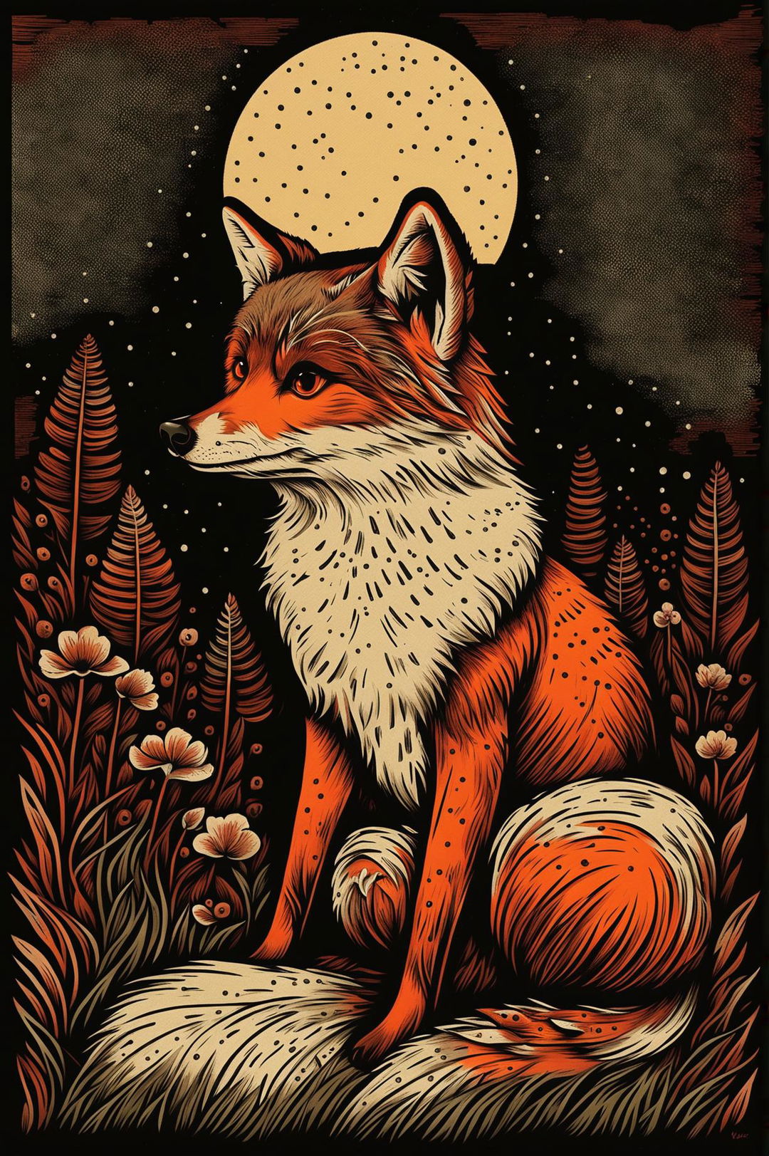 A serene screen print artwork of a fox sitting calmly in a moonlit setting