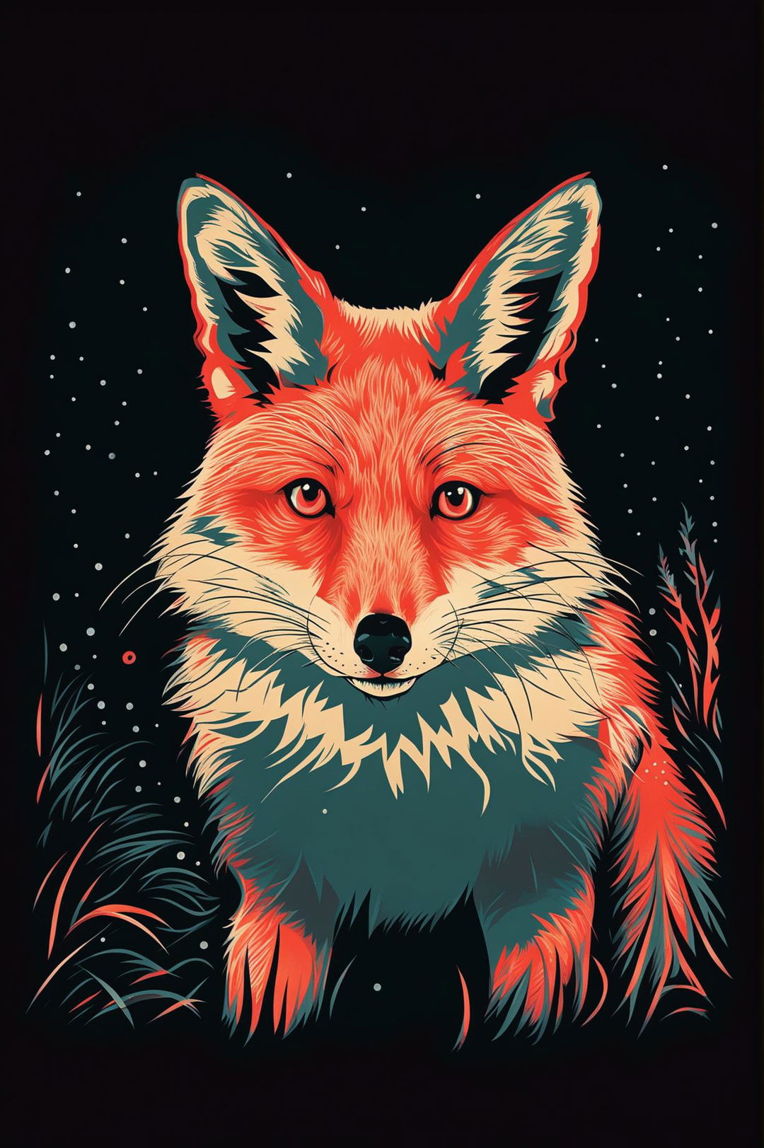 A dramatic screen print artwork of a fox in an alert pose, created with bold lines, solid colors, and a minimalistic background