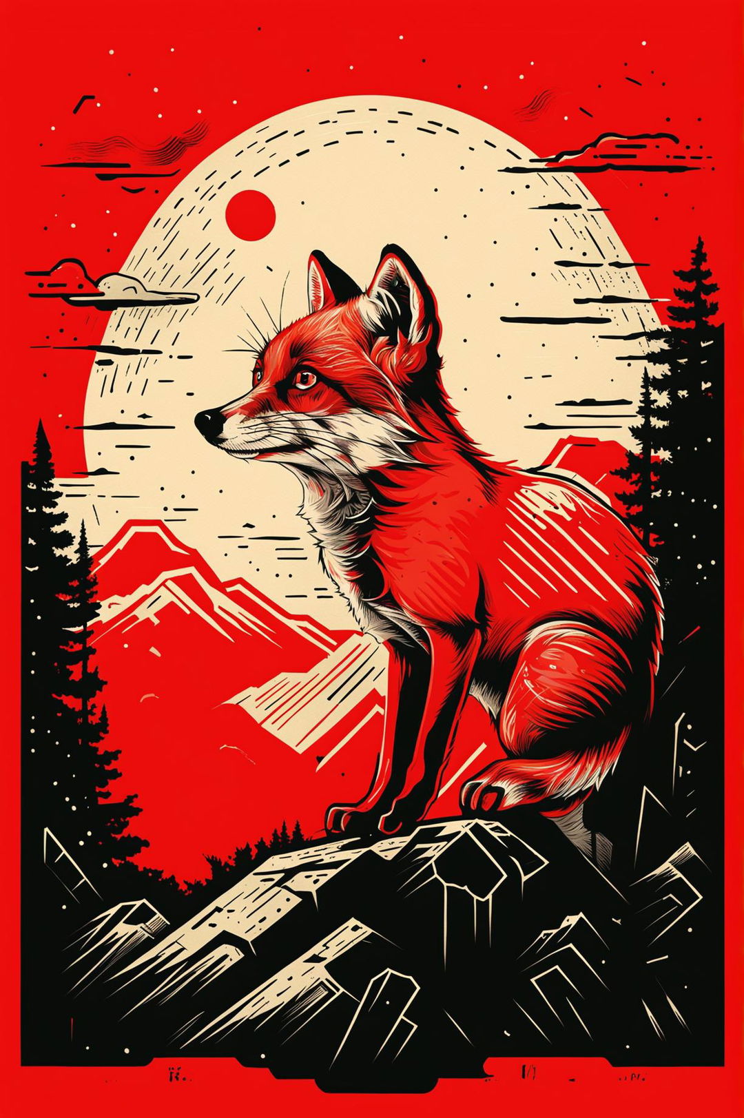 A striking screen print artwork of a fox in a curious pose, with a simple background