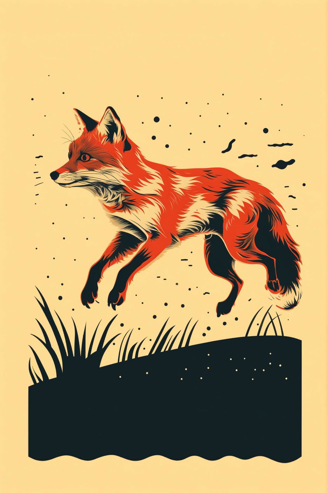 A dynamic screen print artwork of a fox in motion, using bold outlines, flat colors, and simple shapes