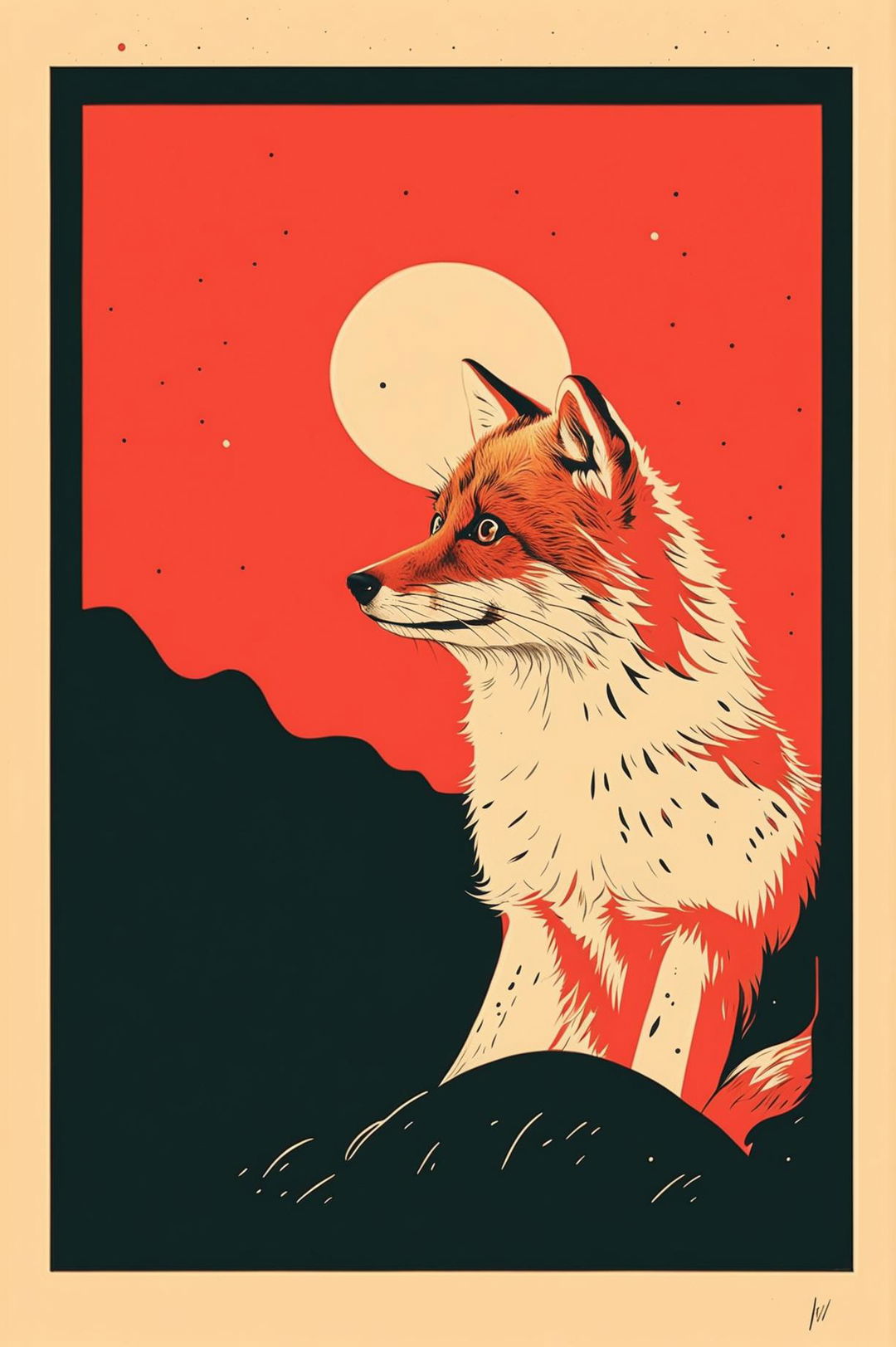 A peaceful and reflective screen print artwork of a fox gazing at the moon