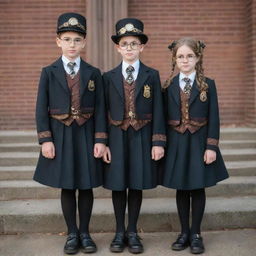 Steampunk school uniforms featuring Victorian-era inspired designs, with intricate details like gears, goggles, and brass elements embedded in classic school attire.