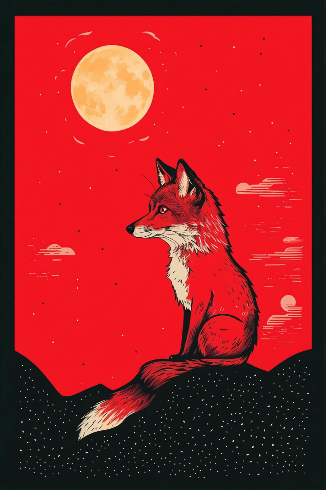 A thoughtful screen print artwork of a fox gazing at the moon, using pronounced outlines, flat colors, and uncomplicated shapes