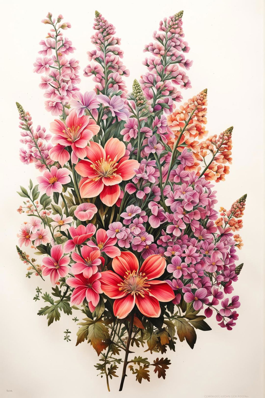 A vibrant and diverse floral print image showcasing a variety of blooming flowers