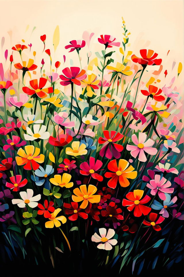 An impressionistic floral print image composed of loose brush strokes and vibrant colors, featuring a mix of wildflowers