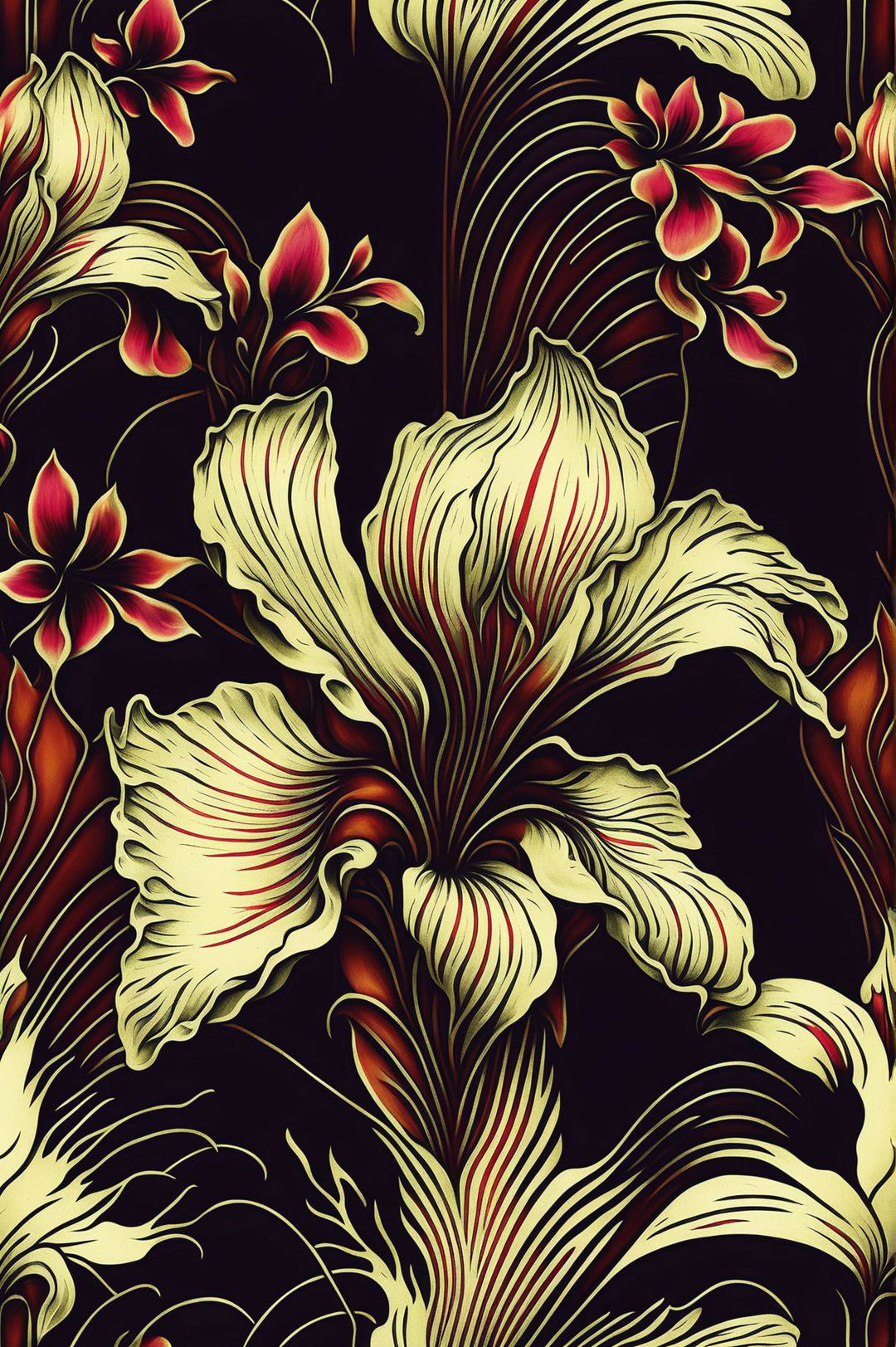 An Art Nouveau-inspired floral print image featuring intricate, flowing lines and organic shapes in rich, sophisticated colors