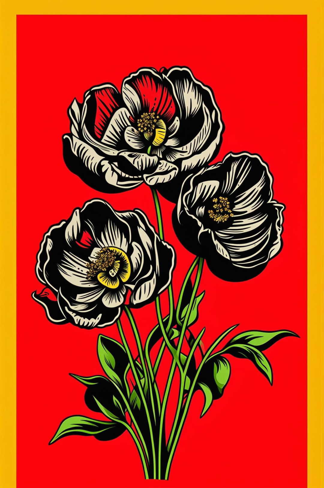 A Pop Art-inspired floral print image featuring bold, graphic flowers in bright, high-contrast colors