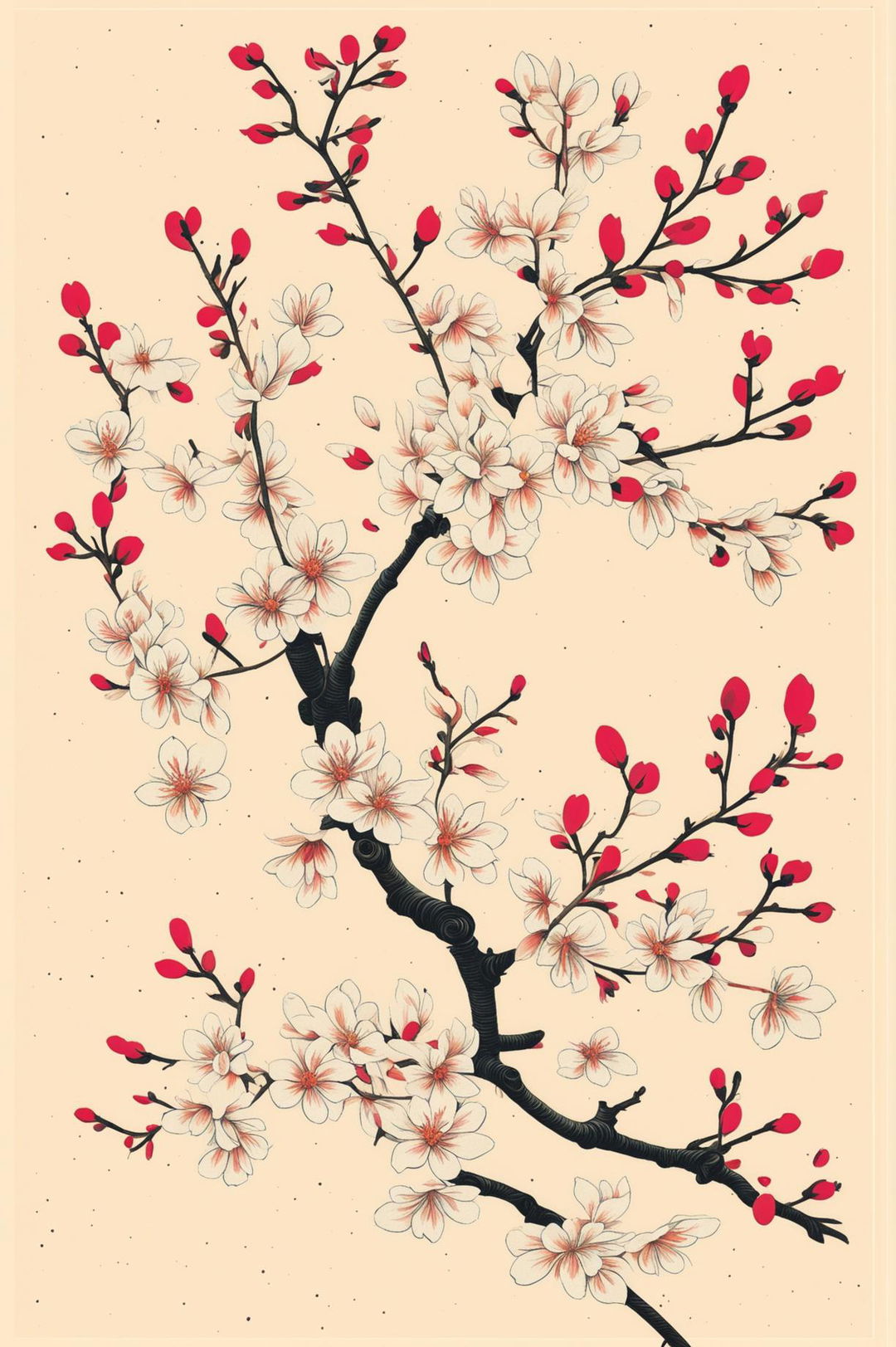 A Japanese Ukiyo-e inspired floral print image featuring delicately detailed flowers in subtle, refined colors