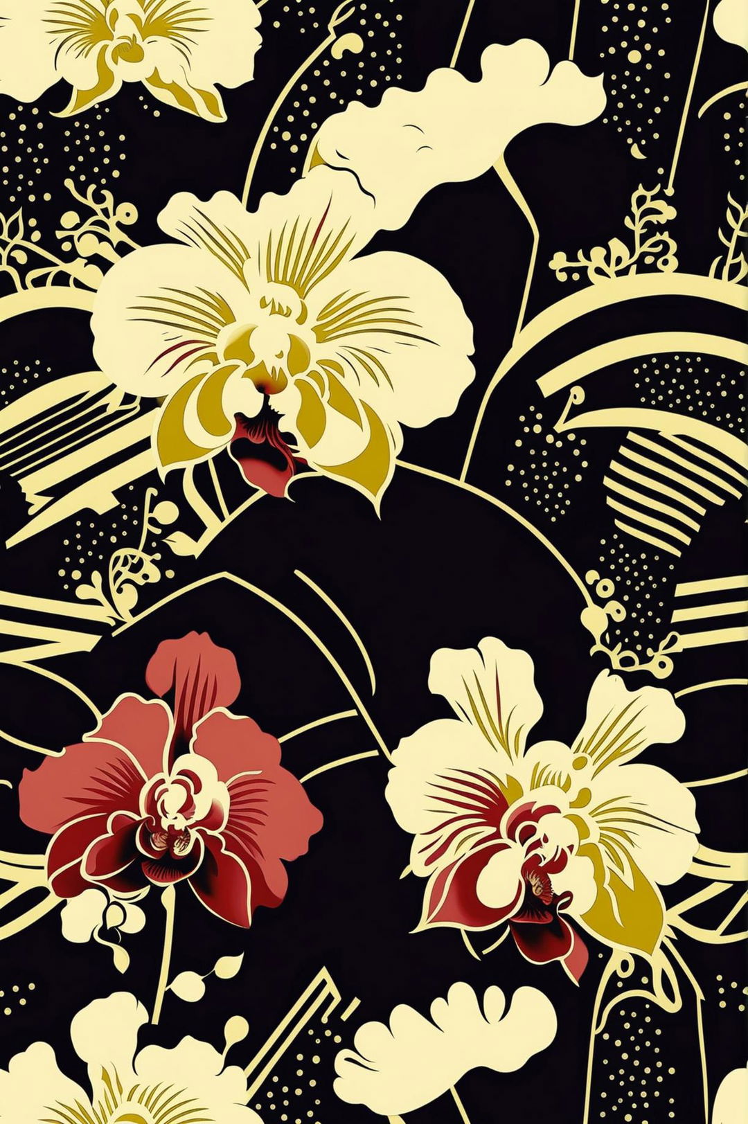 An Art Deco-inspired floral print image featuring stylized, geometric flowers in bold, high-contrast colors