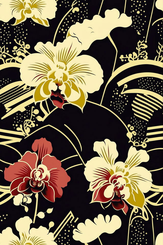 An Art Deco-inspired floral print image featuring stylized, geometric flowers in bold, high-contrast colors