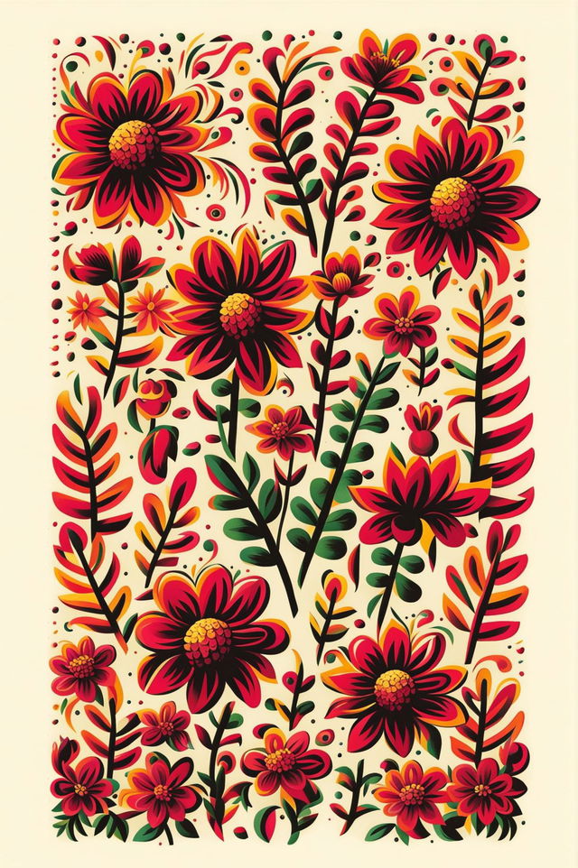 A Mexican folk art-inspired floral print image featuring bold, colorful flowers in a rich, saturated color palette