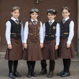 Steampunk school uniforms featuring Victorian-era inspired designs, with intricate details like gears, goggles, and brass elements embedded in classic school attire.