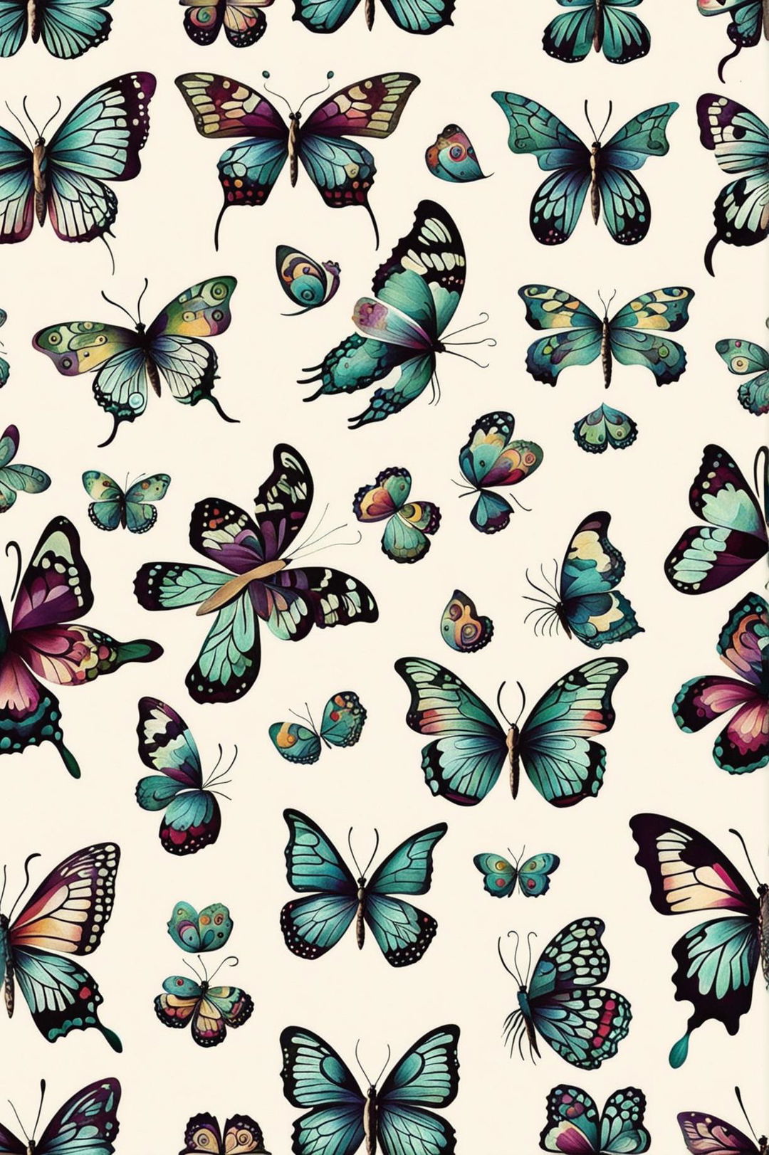 This is a description of a wallpaper print featuring a variety of vibrant butterflies against a soft, pastel backdrop