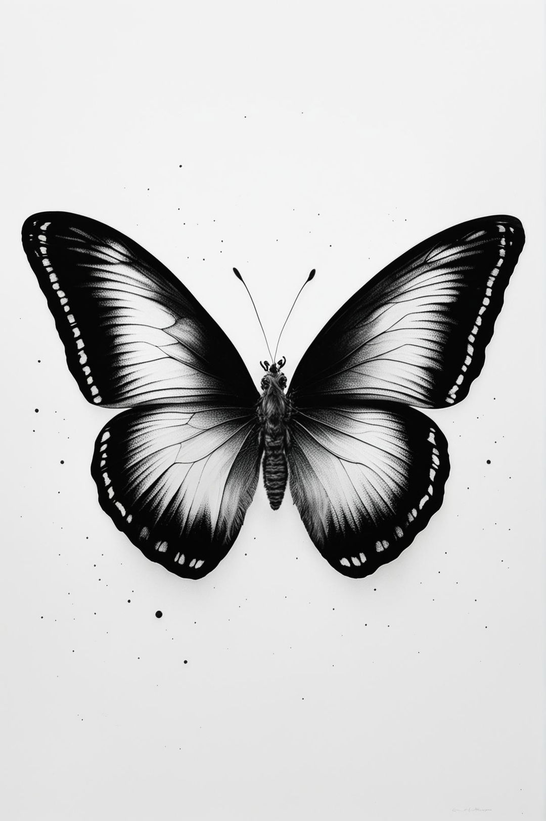 This is a description of a striking black and white print featuring a large, intricately detailed butterfly.