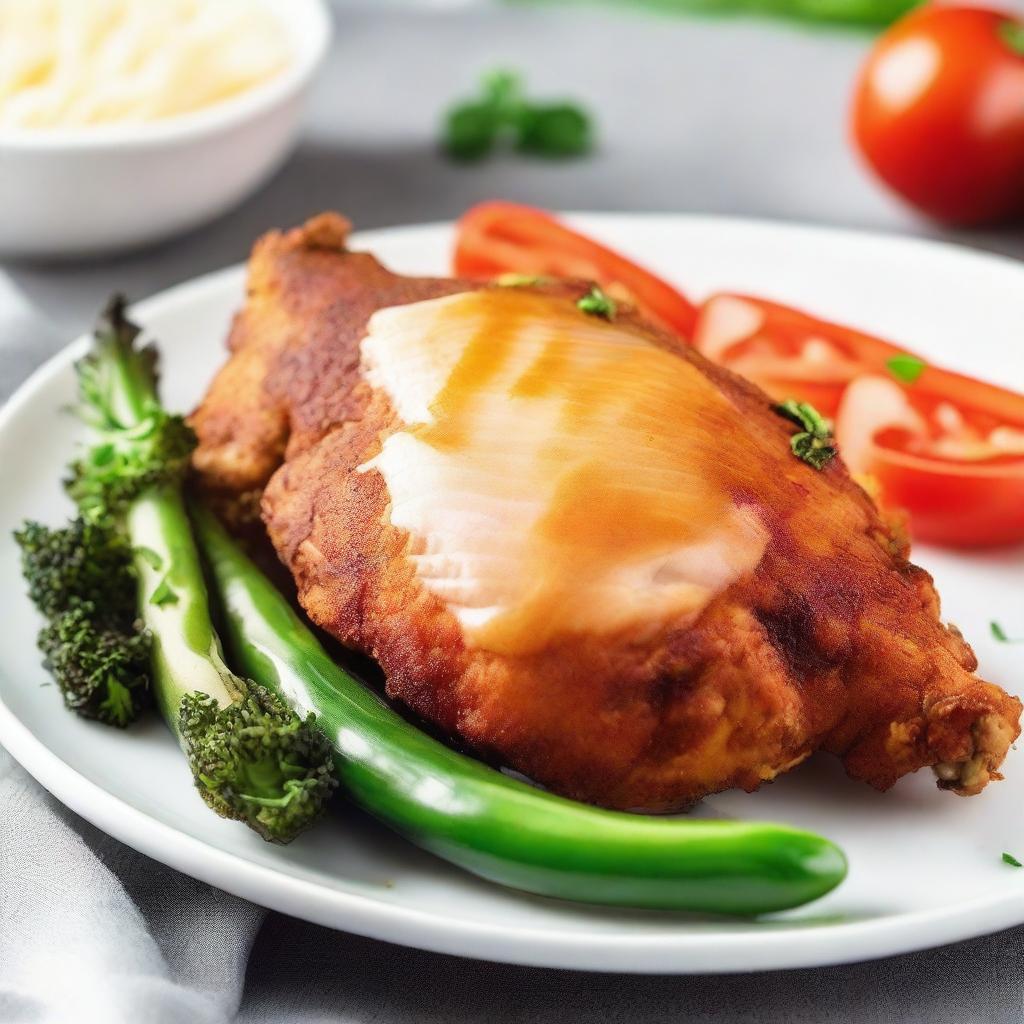 A close-up image of a fried chicken breast served on a white plate with a side of fresh vegetables.