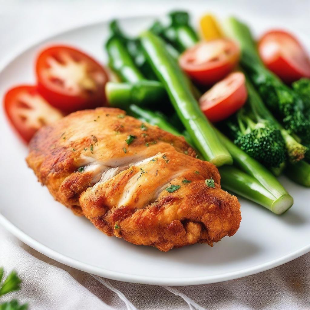 A close-up image of a fried chicken breast served on a white plate with a side of fresh vegetables.