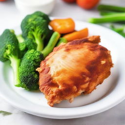 A close-up image of a fried chicken breast served on a white plate with a side of fresh vegetables.